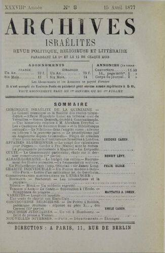 Archives israélites de France. Vol.38 N°08 (15 avr. 1877)